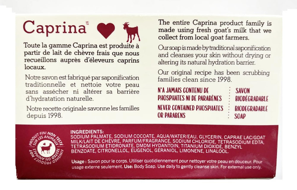 Caprina Fresh Goat's Milk Soap Original bar closeup showcasing creamy lather texture and gentle cleanse.