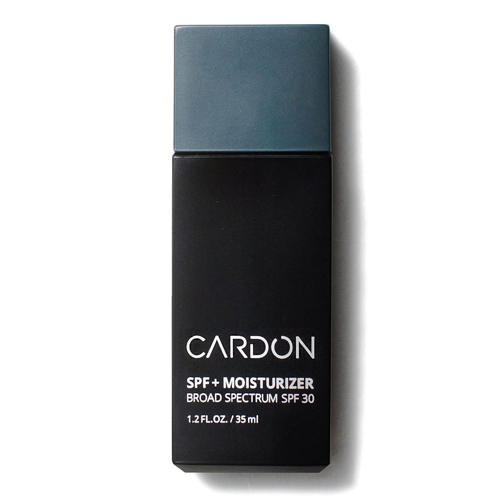 Cardon men's SPF30 face moisturizer bottle shows a lightweight, hydrating formula.