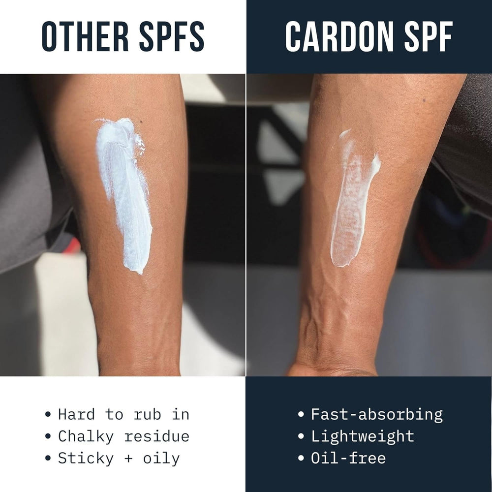 Cardon SPF30 lightweight texture close-up highlights fast absorption.