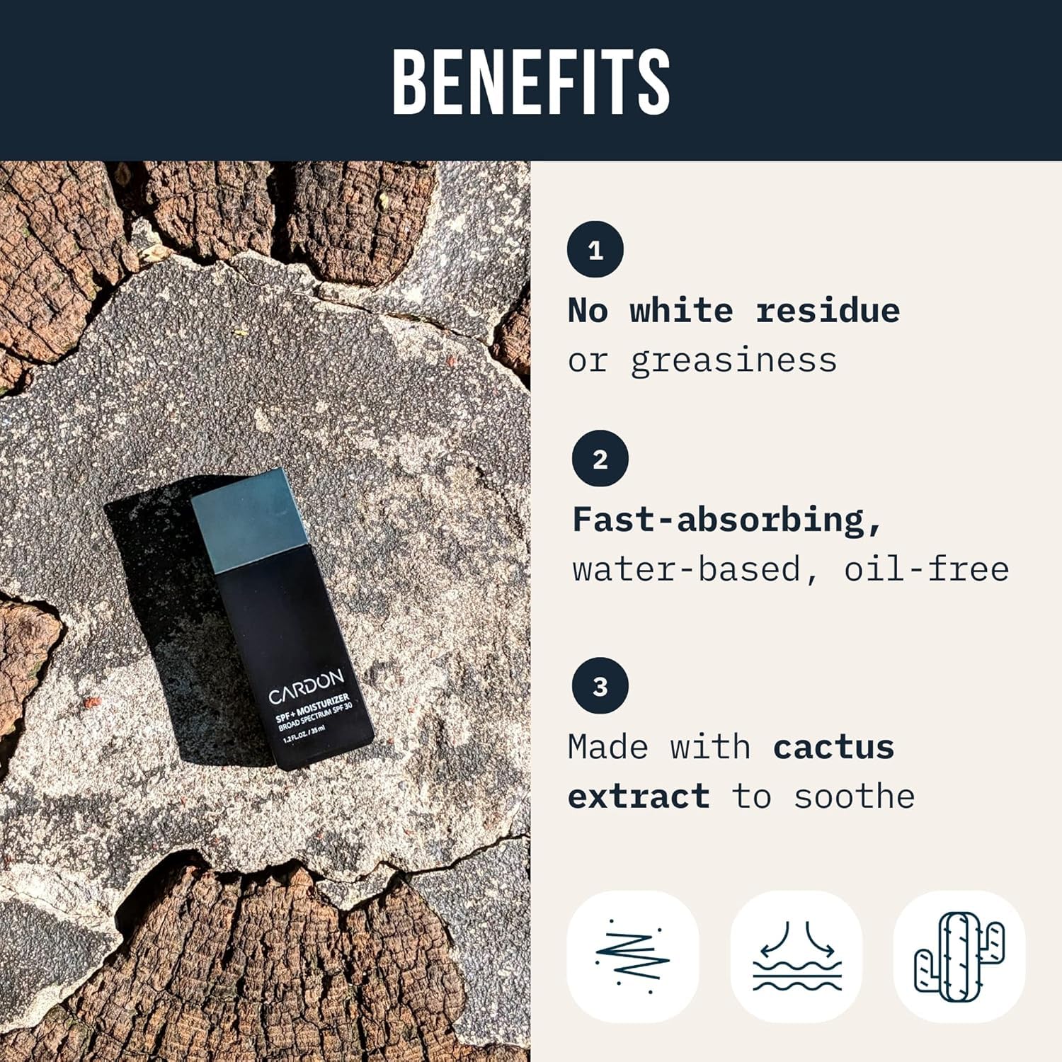 Cardon water-based, oil-free formula closeup supports non-greasy hydration.