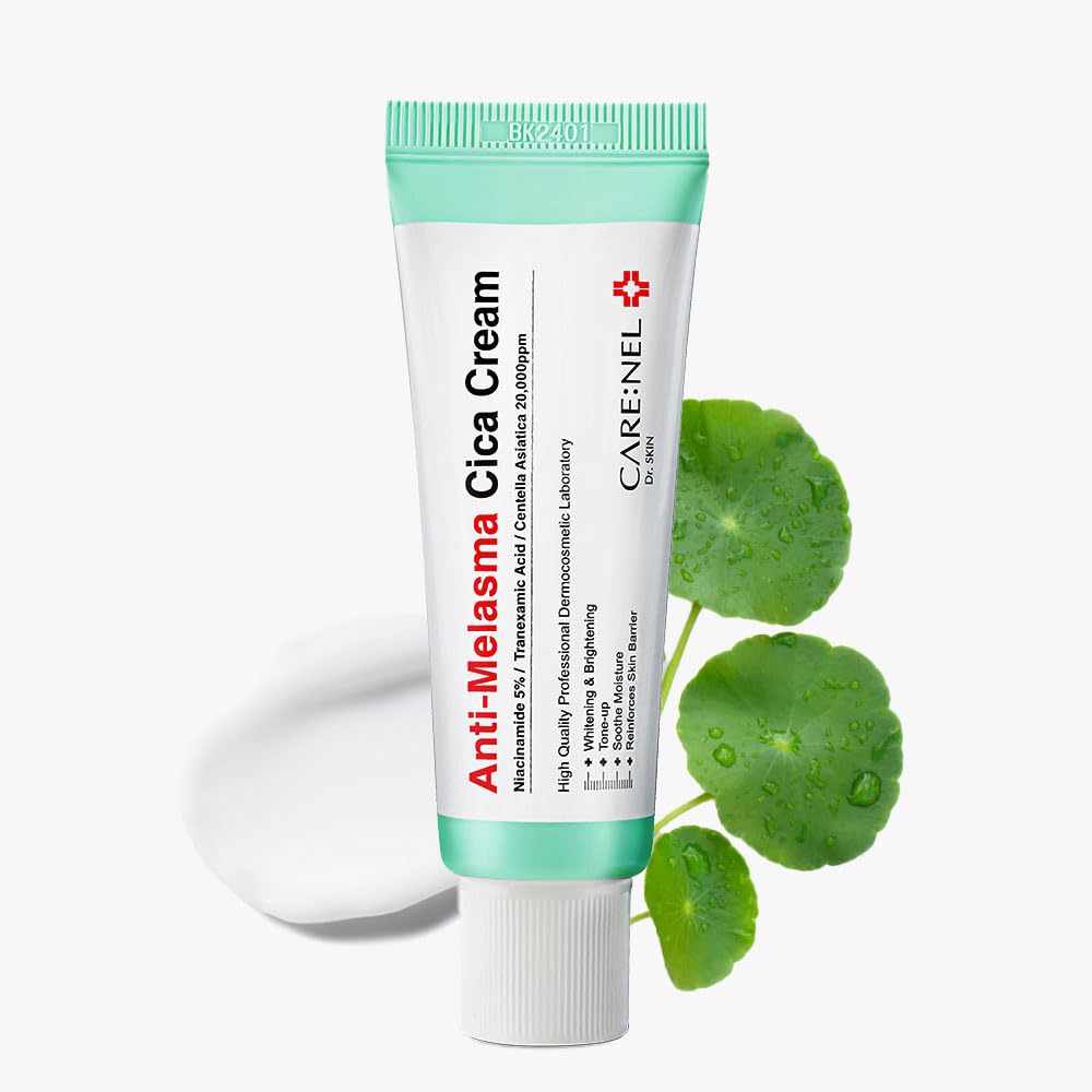 CARE:NEL Melasma Cream tube close-up highlights rich texture for even tone and hydration.