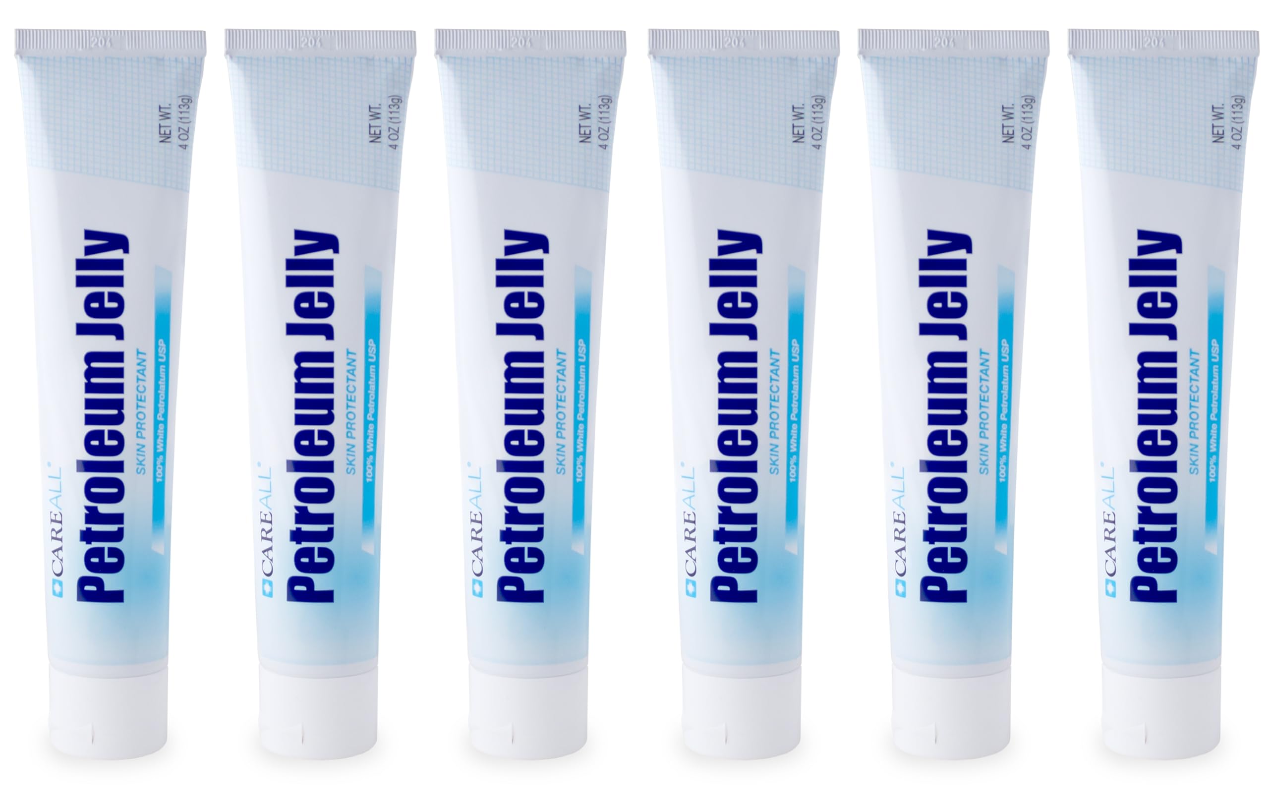 CareALL petroleum jelly 6-pack tubes, front view, fragrance-free moisture for skin.