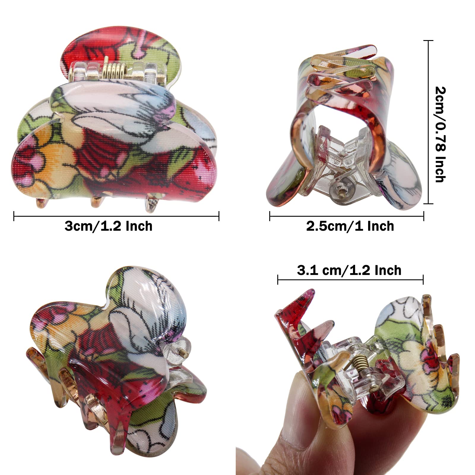 Carede floral pattern hair clip side view shows lightweight acrylic design.