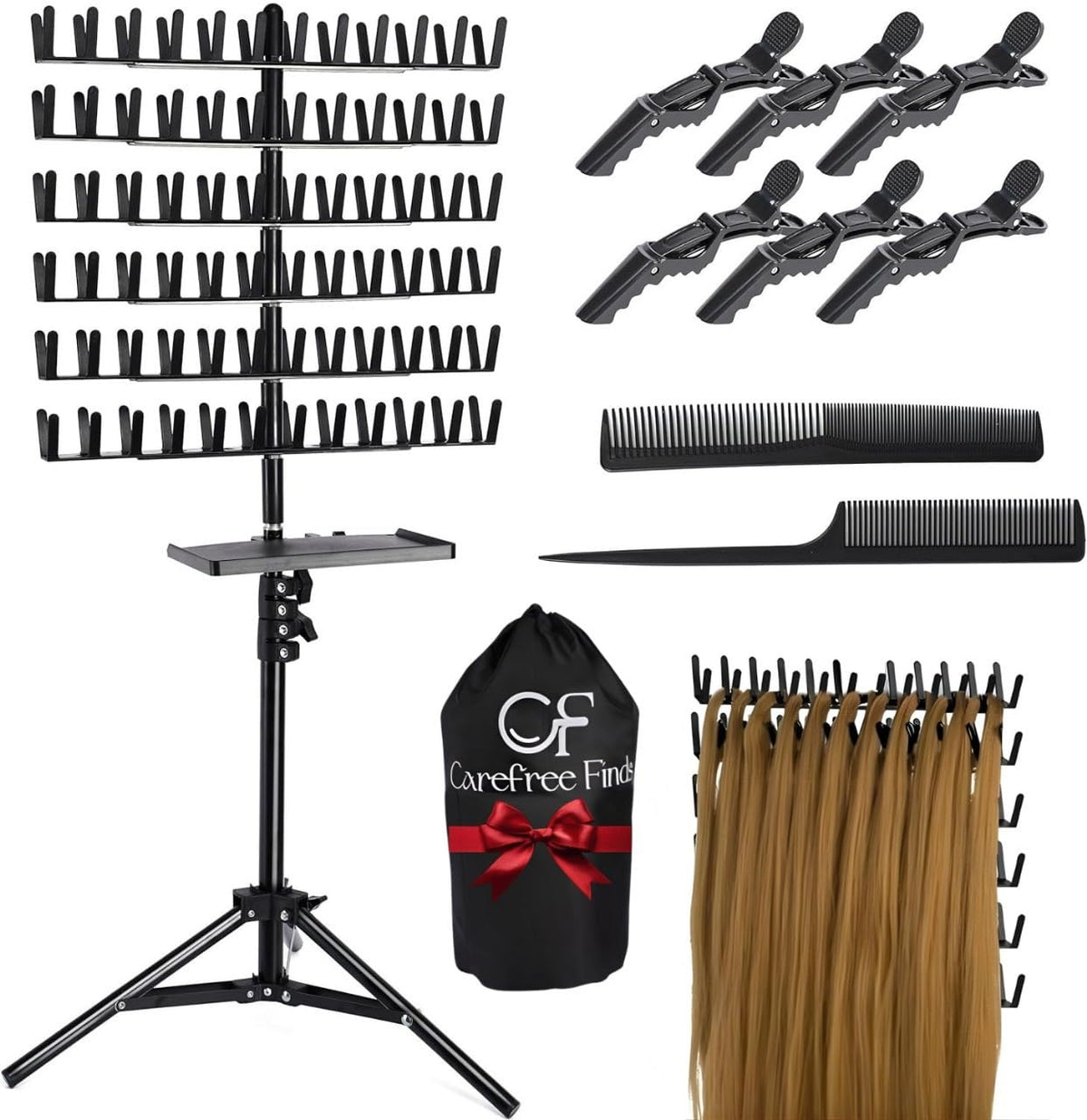 CAREFREE FINDS braiding rack assembled for convenient tool access during sessions.