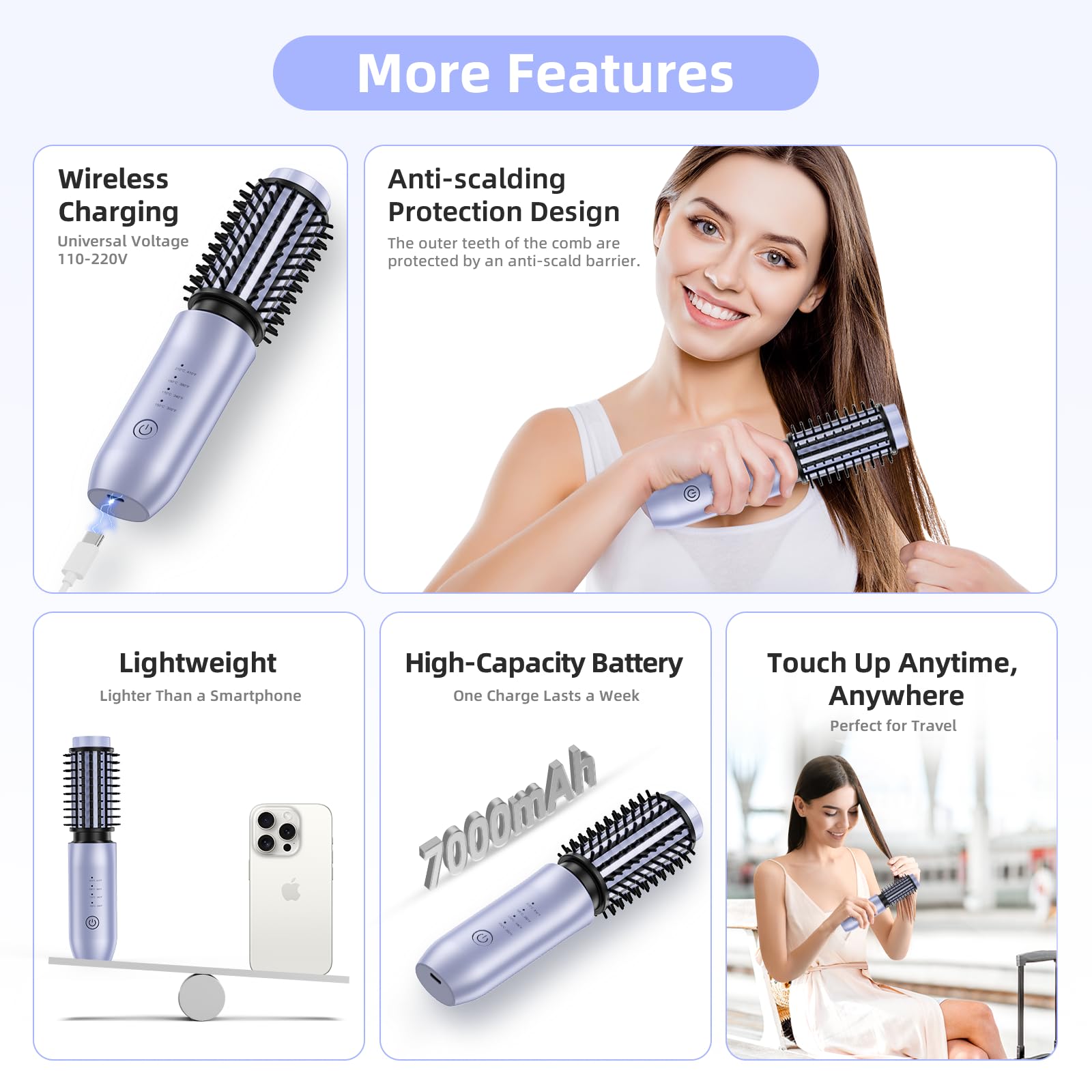 CARESKY cordless curling iron brush features 360-degree anti-scald teeth for safe styling