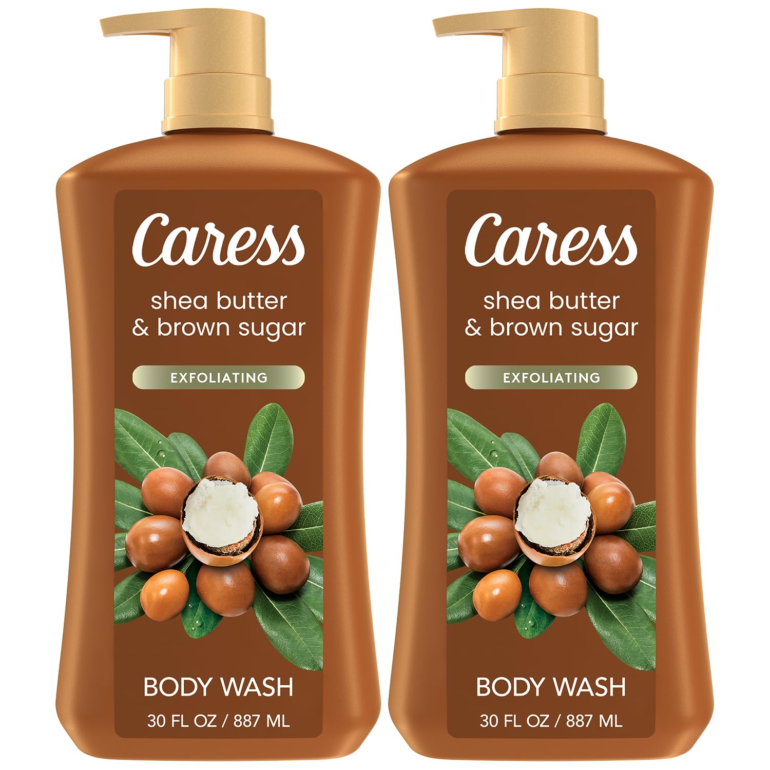Caress Shea Butter & Brown Sugar bottle front — moisturizing cleanse promise.
