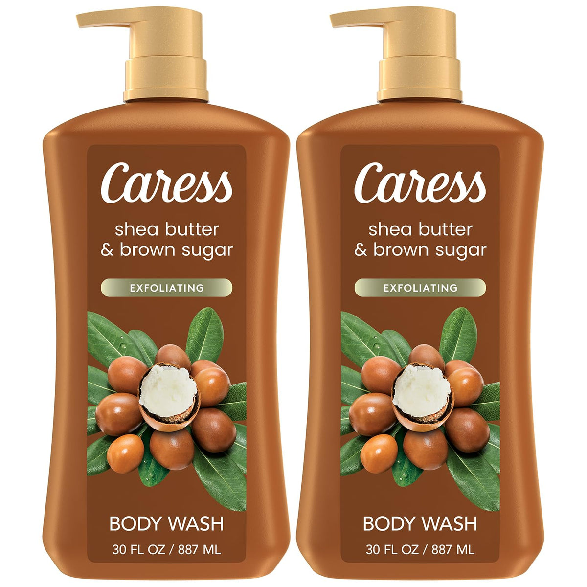 Caress Shea Butter & Brown Sugar bottle front — moisturizing cleanse promise.