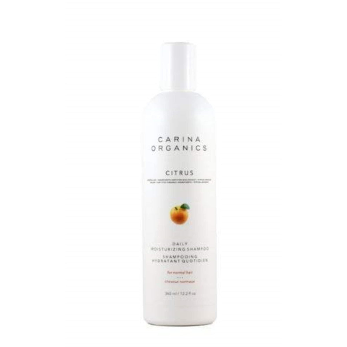 Carina Organics Citrus Daily Moisturizing Shampoo bottle pour demonstrates a refreshing daily cleanse.
