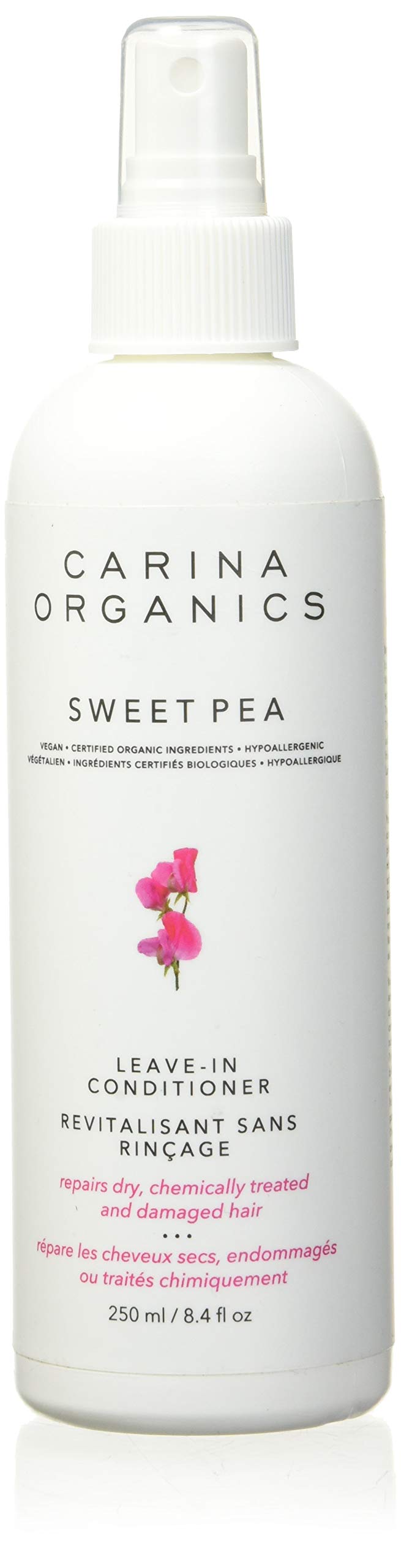 Carina Organics Sweet Pea leave-in conditioner bottle for hydration and detangling.