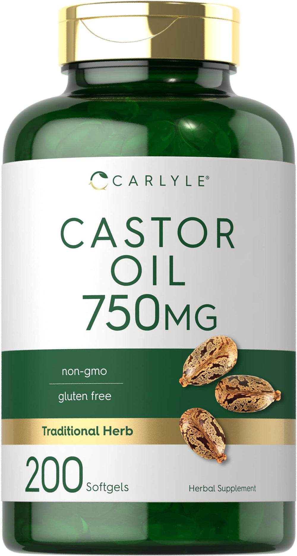 Carlyle Castor Oil 750mg bottle showcases daily wellness support in convenient softgels.