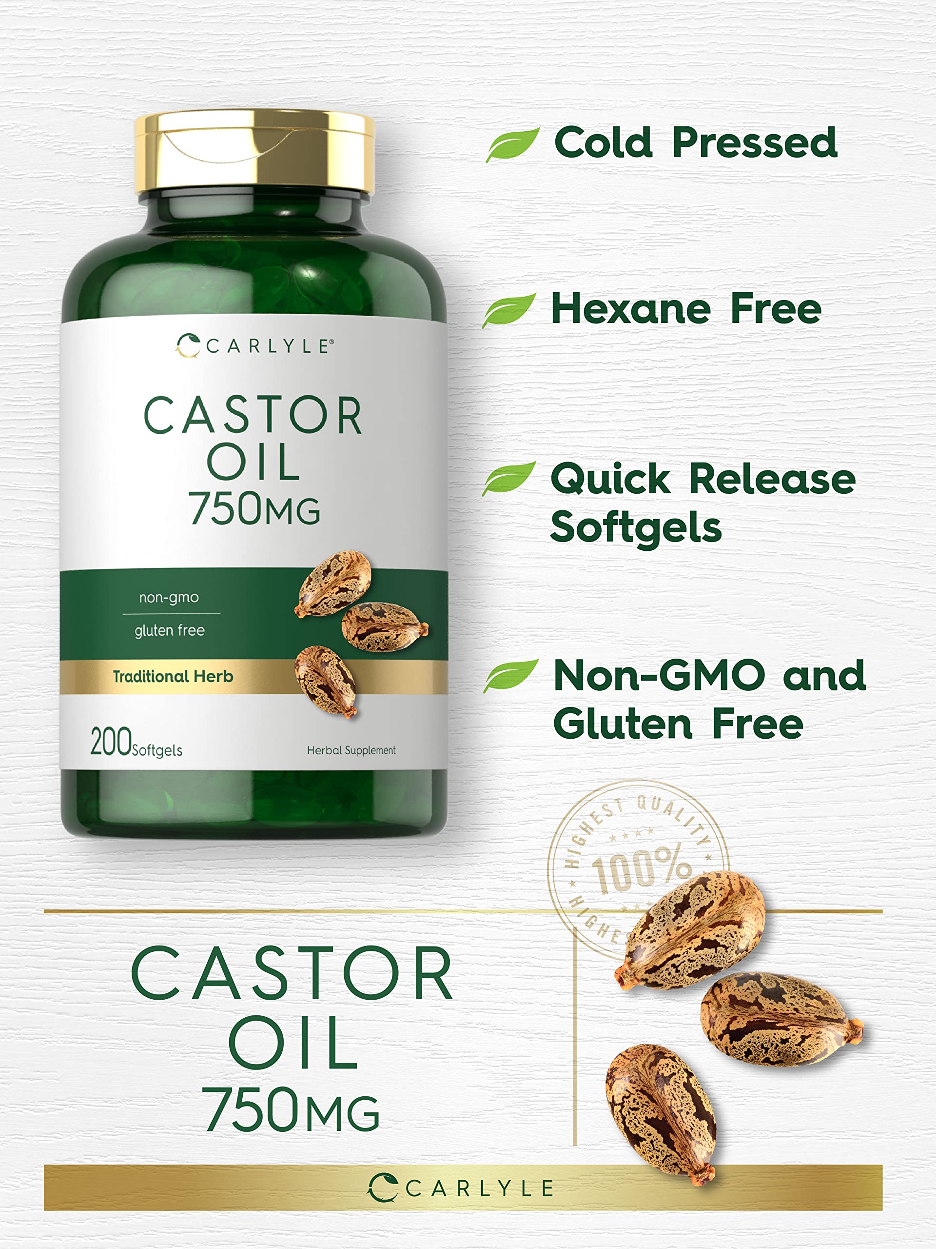 Carlyle Castor Oil ingredients label highlights non-GMO and gluten-free formulation for sensitive diets.