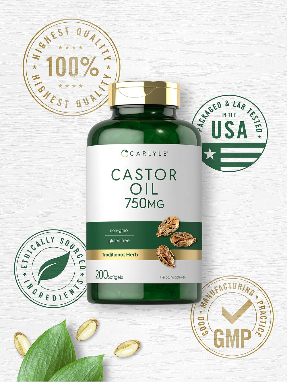Carlyle Castor Oil non-GMO gluten-free badge communicates dietary compatibility for daily supplements.