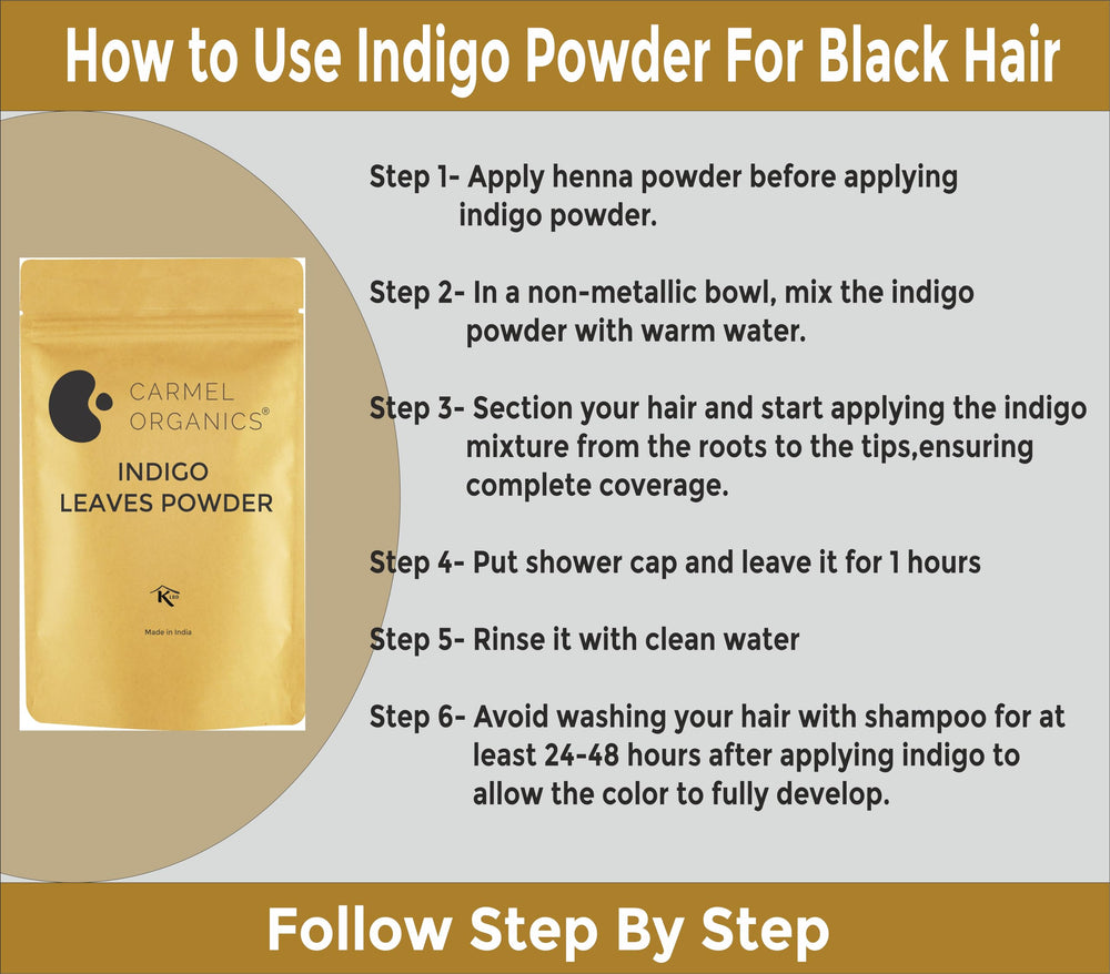 CARMEL ORGANICS Indigo Leaves Color Transition hints at deeper shade with henna.