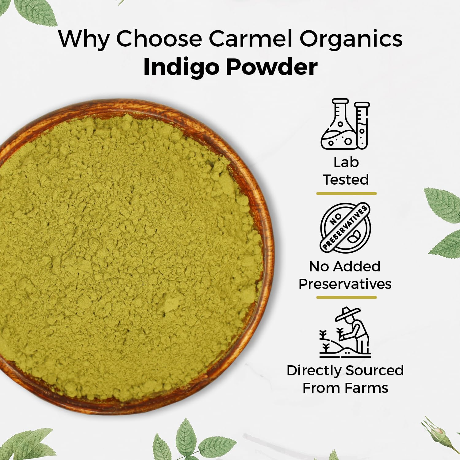 CARMEL ORGANICS Indigo Leaves Container Recycling emphasizes sustainable packaging.