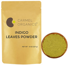 CARMEL ORGANICS Indigo Leaves Powder packaging shows natural dye option.
