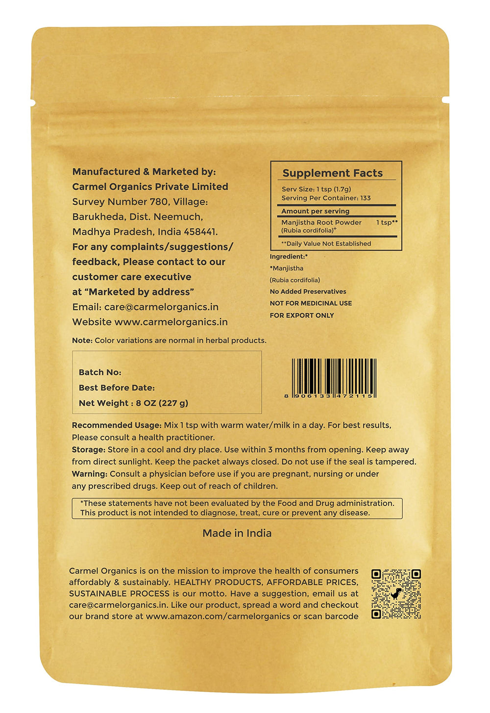 CARMEL ORGANICS Manjistha powder jar shows a natural hair color option.