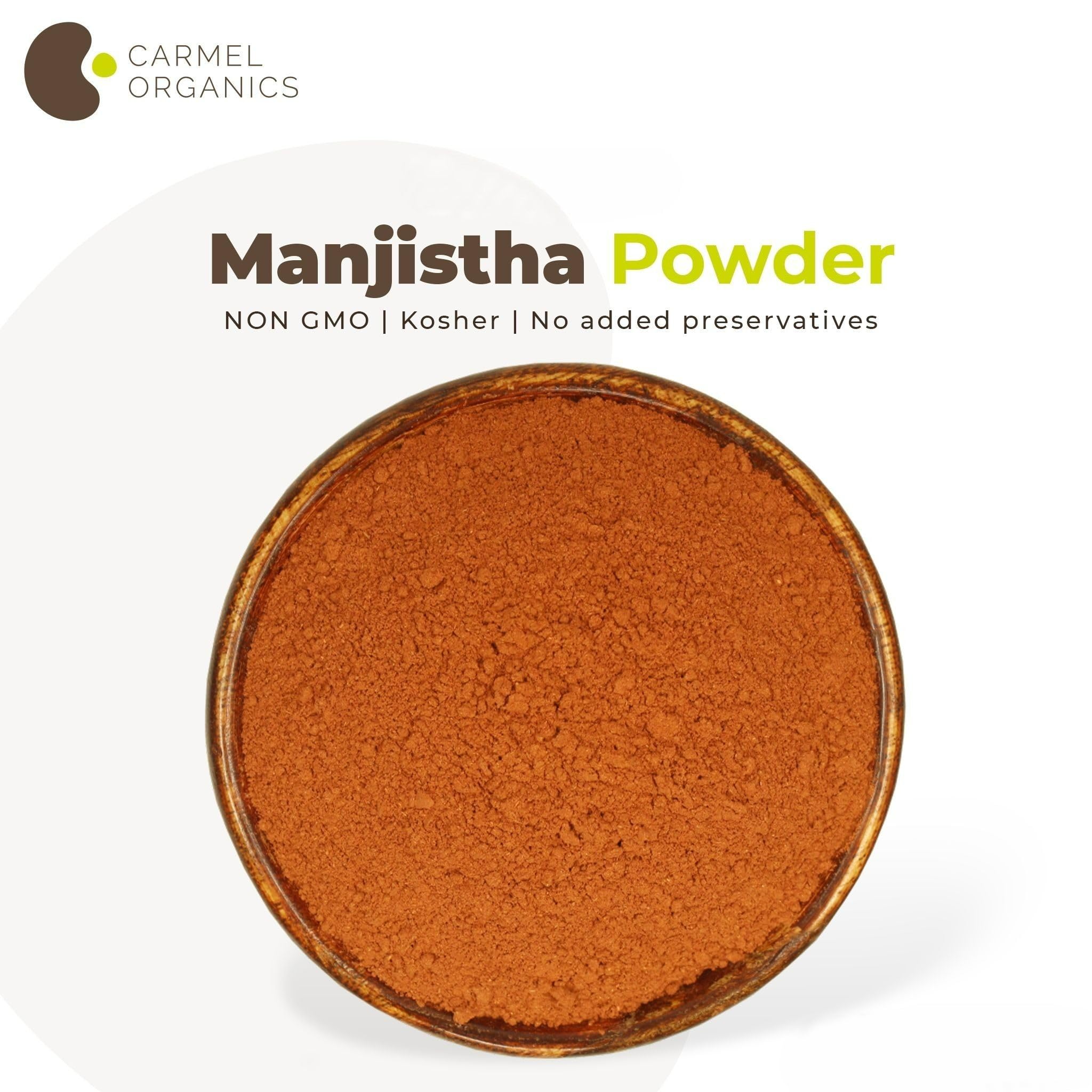 CARMEL ORGANICS Manjistha powder Rubia cordifolia origin label for authenticity.