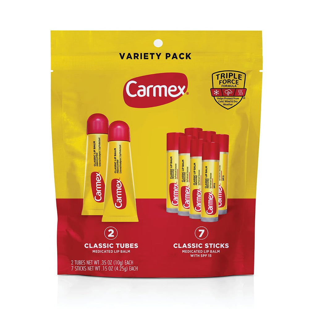 Carmex classic medicated lip balm pack of tubes delivering long-lasting moisture.