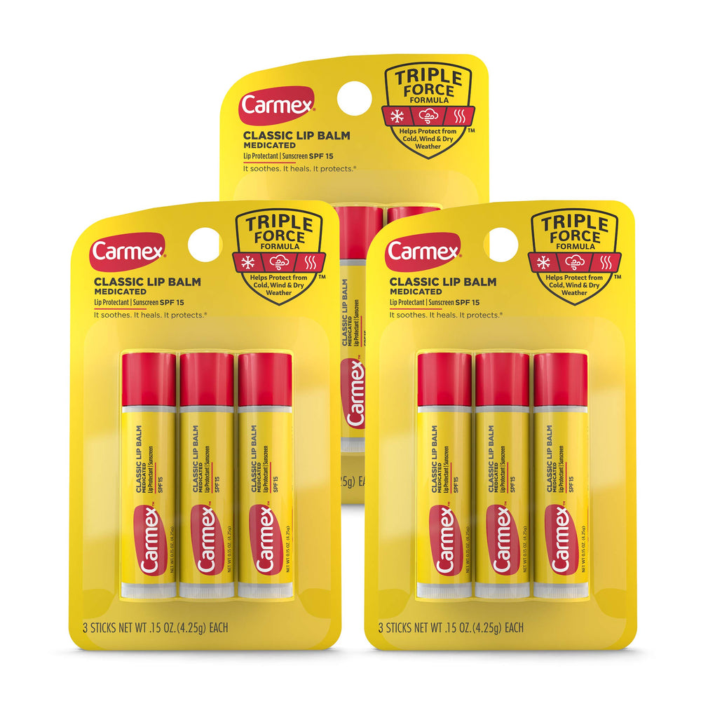 Carmex Classic Medicated Lip Balm Stick 3-pack display for daily lip care.