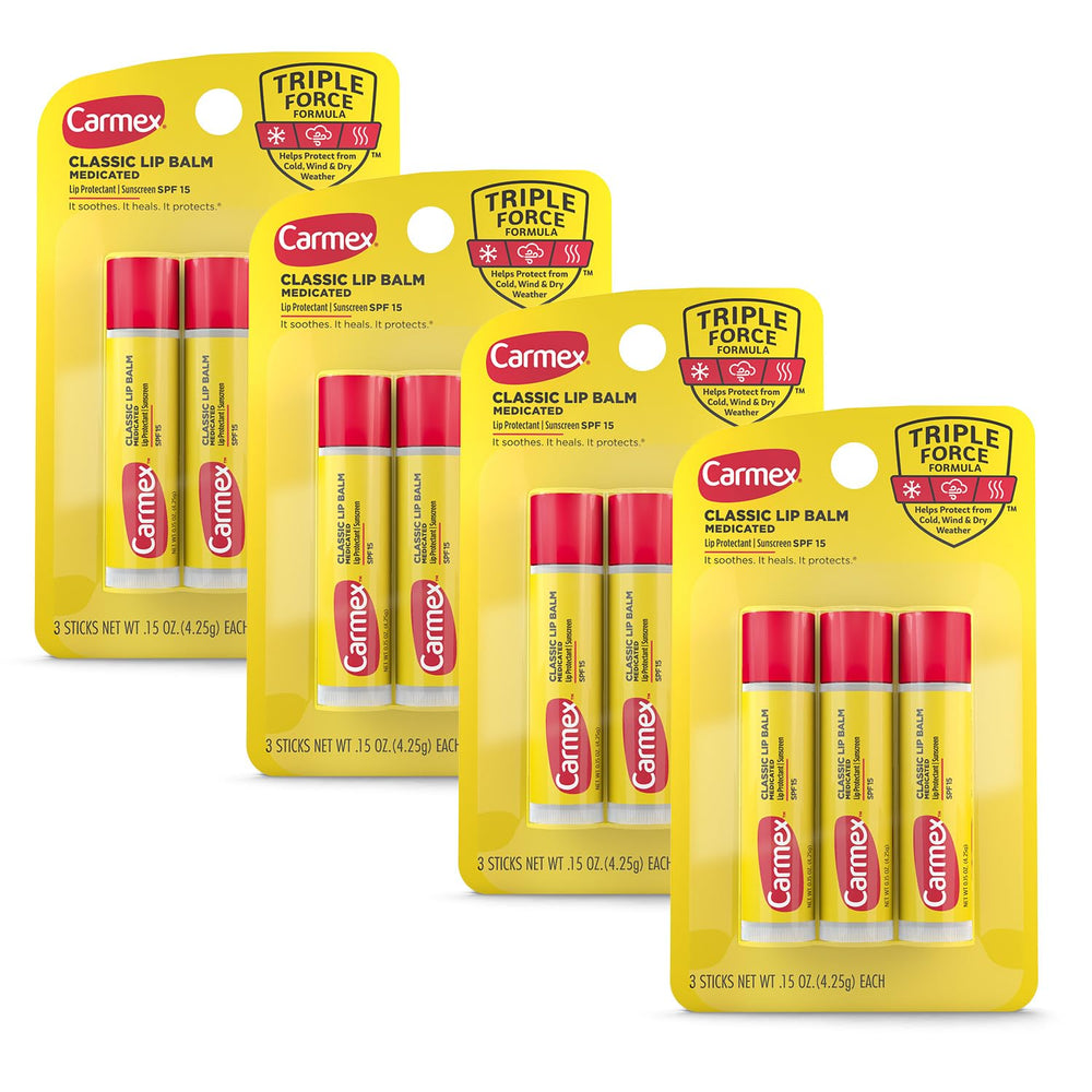 Carmex Classic Medicated Lip Balm Sticks pack front for a travel-ready four-pack