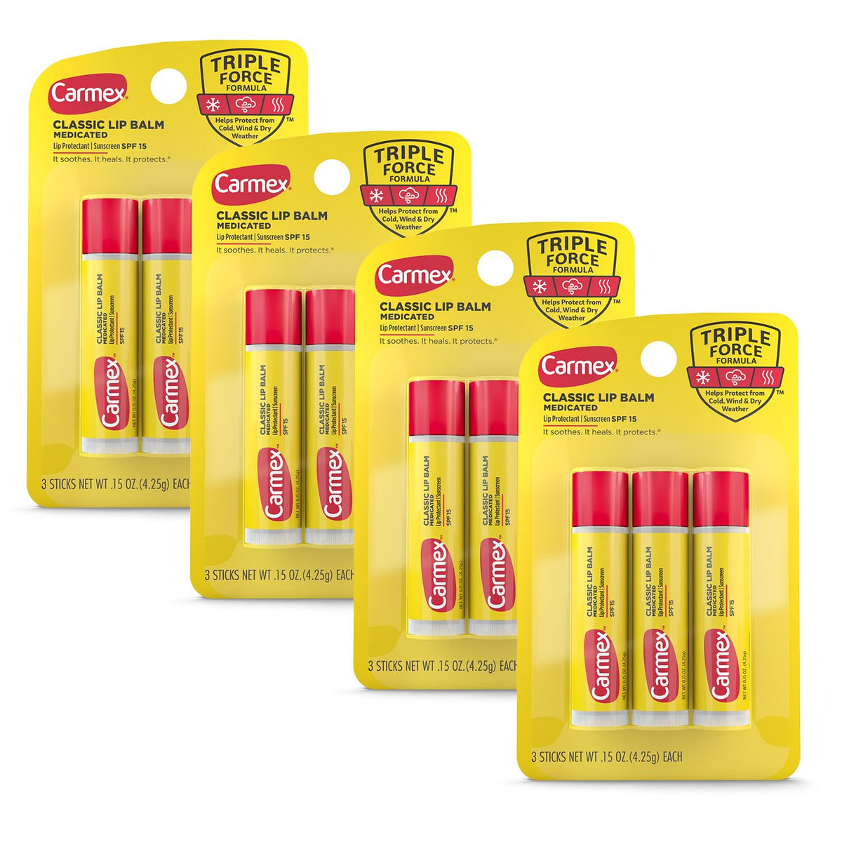 Carmex Classic Medicated Lip Balm Sticks pack front for a travel-ready four-pack
