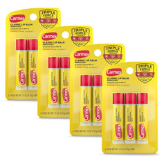 Carmex Classic Medicated Lip Balm Sticks pack front for a travel-ready four-pack