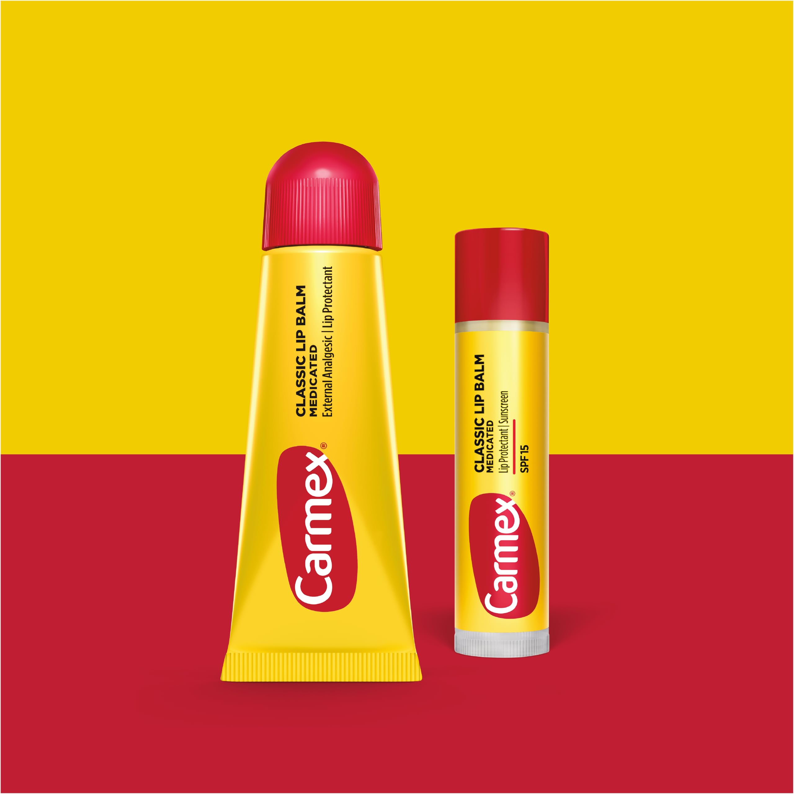 Carmex lip balm stick with sunscreen image shows SPF 15 protection outdoors.