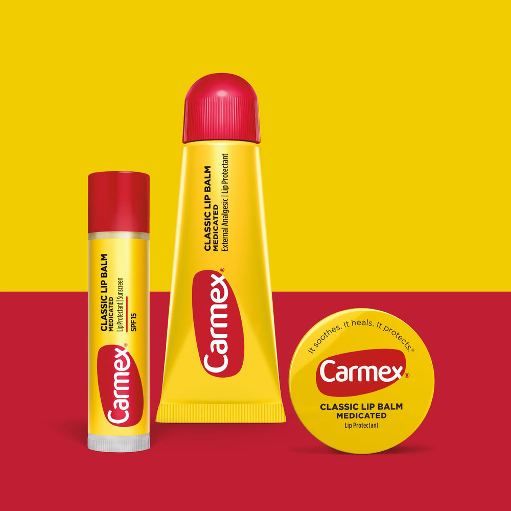 Carmex Classic Medicated Lip Balm tube side angle showing convenient twist-up design.