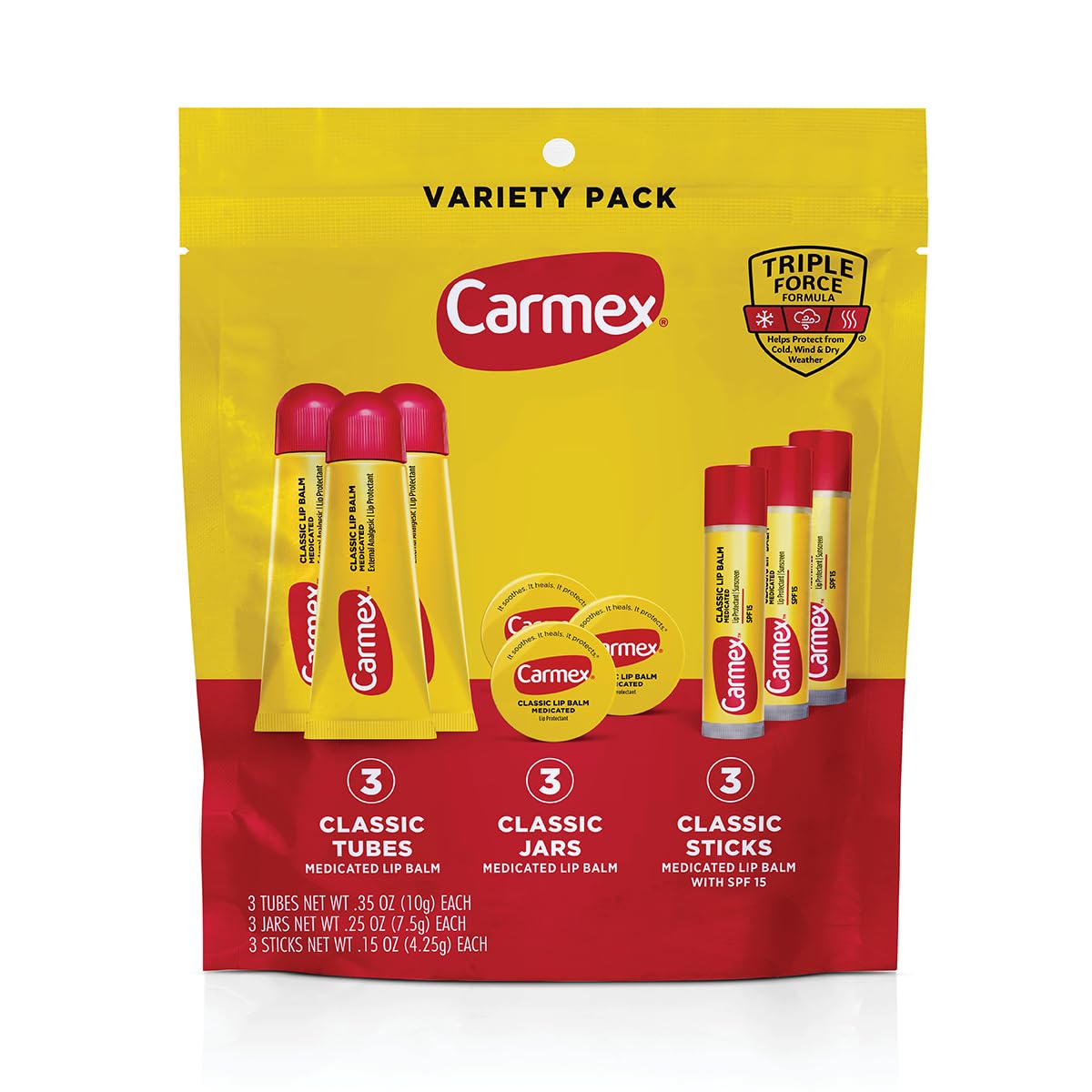 Carmex Classic Medicated Lip Balm tube front view for quick lip moisture.