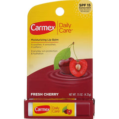 Carmex Click-Stick Cherry SPF 15 label side emphasizing protection
