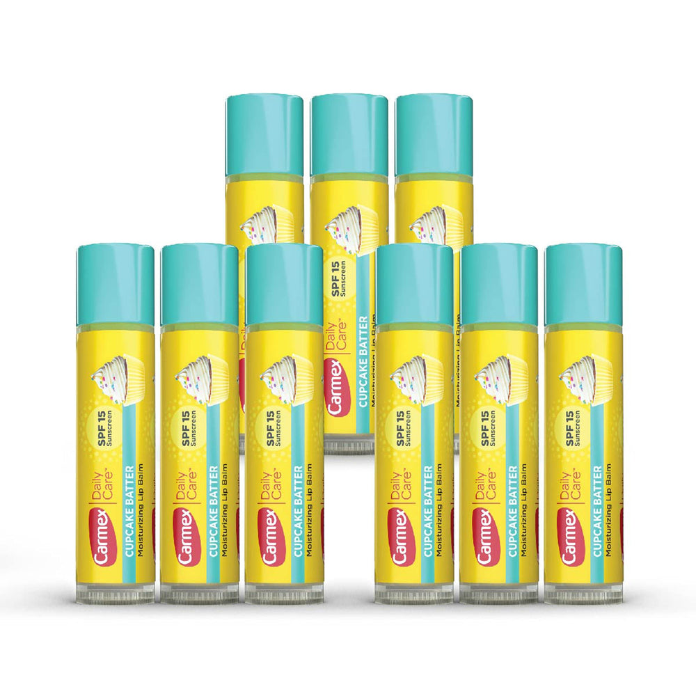 Carmex Cupcake Batter lip balm stick with SPF 15 protecting lips in sunny weather