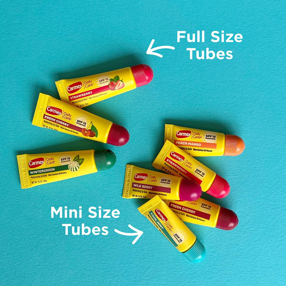 Carmex Daily Care mini fresh cherry SPF15 lip balm for compact protection.