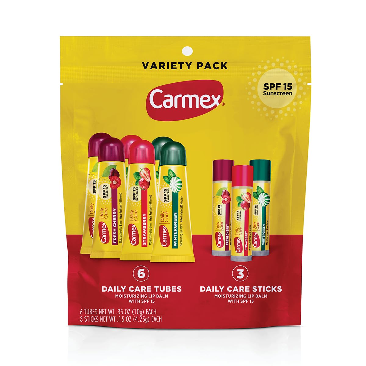 Carmex Daily Care SPF 15 variety pack front view for daily lip protection and flavor choice