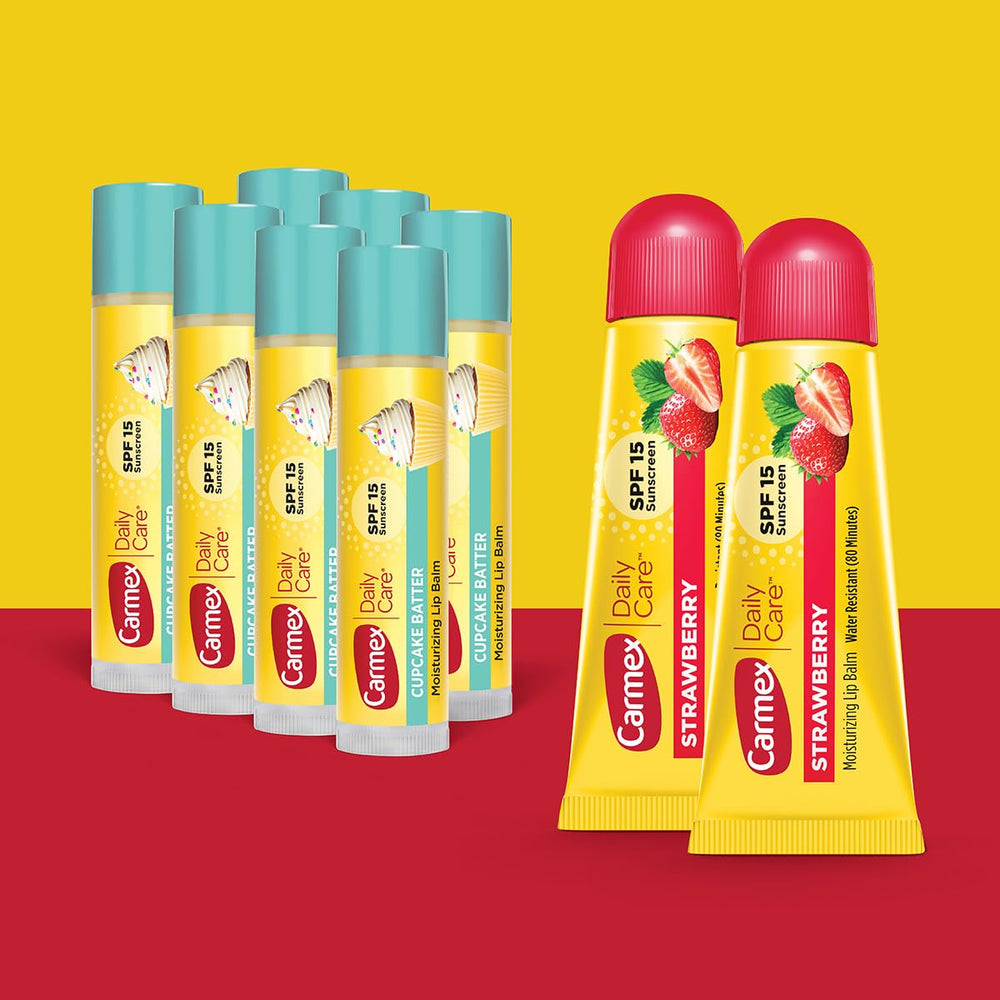 Carmex Cupcake Batter lip balm stick provides hydration and pleasant scent.