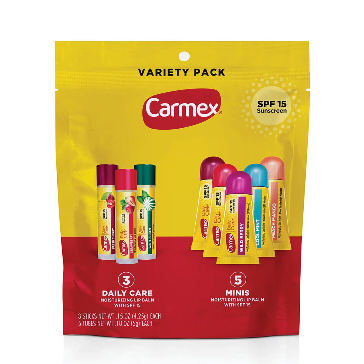Carmex Daily Care SPF15 strawberry lip balm stick provides daily sun protection for lips