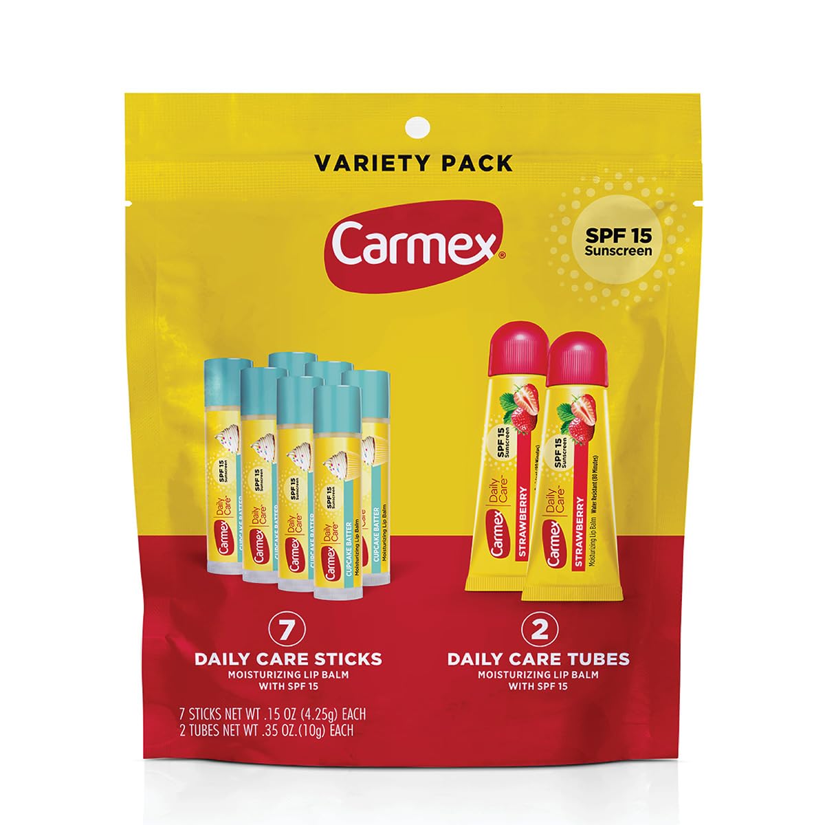 Carmex Daily Care strawberry lip balm stick with SPF 15 for daily lip protection.