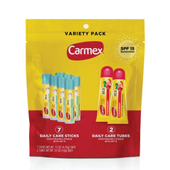 Carmex Daily Care strawberry lip balm stick with SPF 15 for daily lip protection.