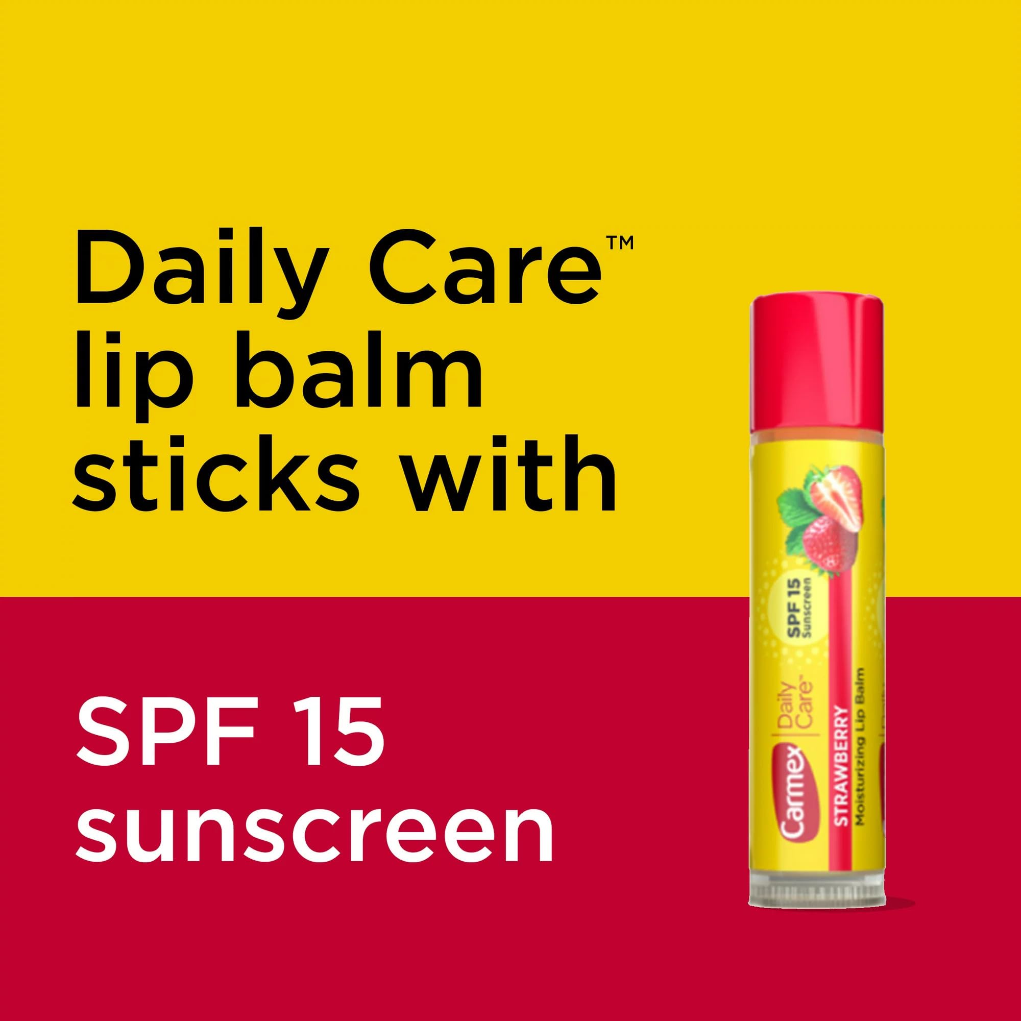 Carmex SPF15 flavors display featuring Fresh Cherry, Strawberry, and Wintergreen