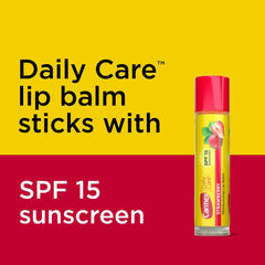 Carmex SPF15 flavors display featuring Fresh Cherry, Strawberry, and Wintergreen
