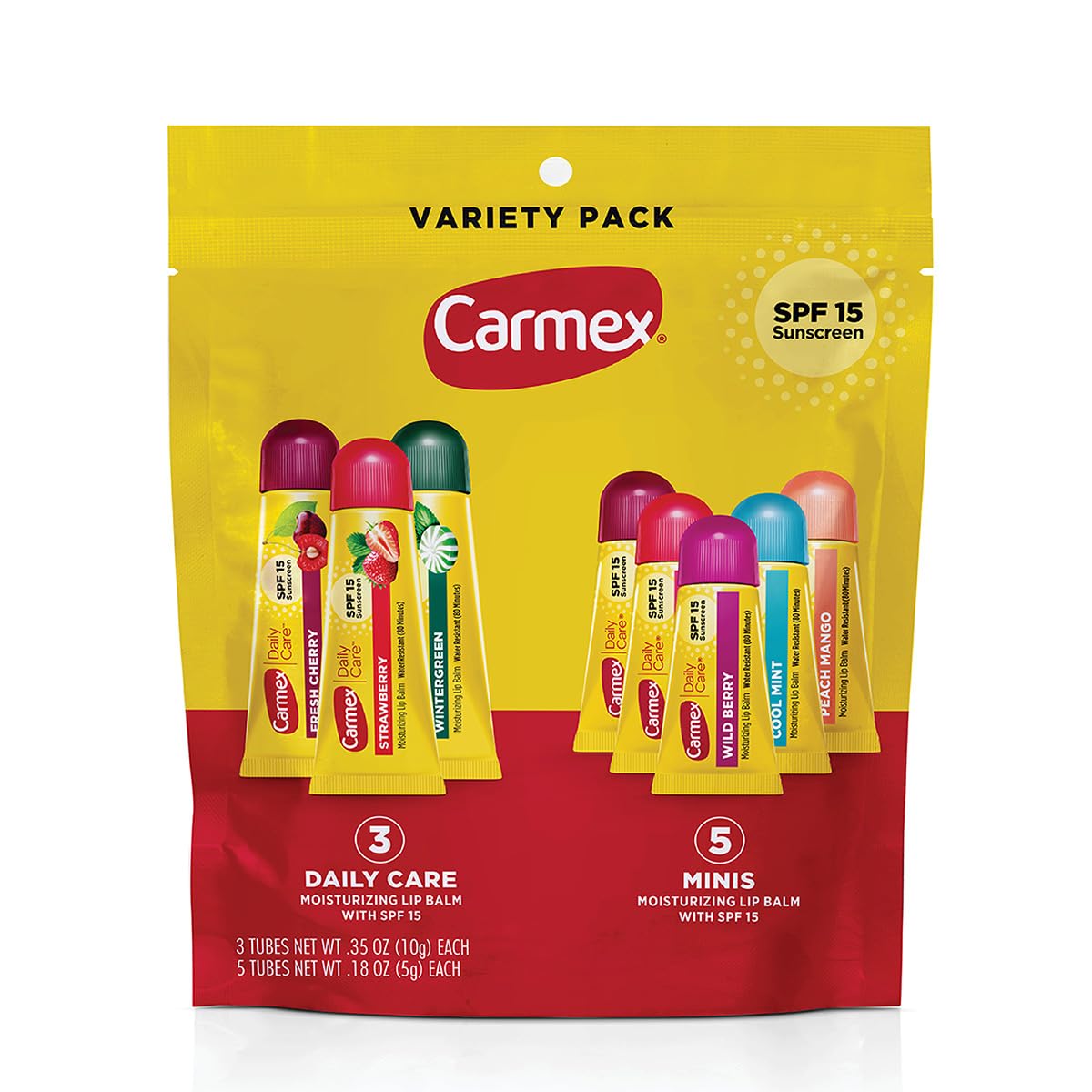 Carmex Daily Care tube close-up applying SPF lip protection for sun exposure.