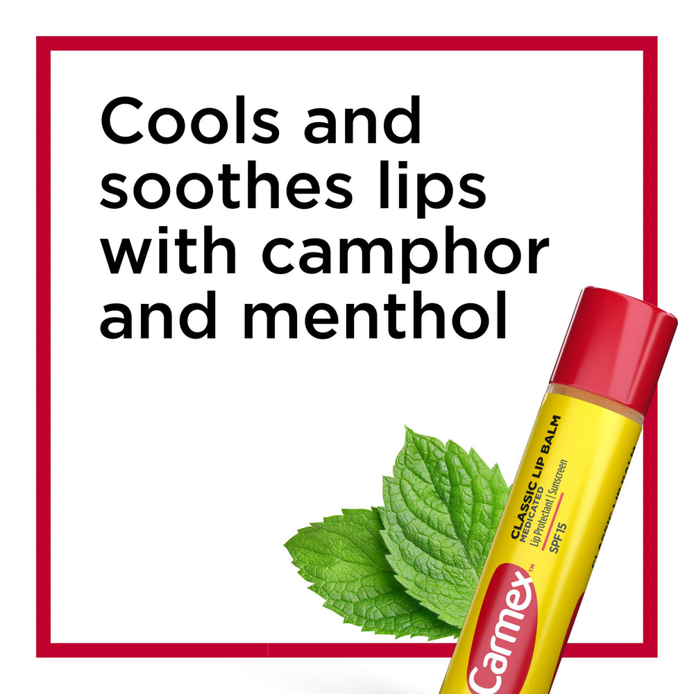 Carmex lip balm stick with SPF15 packaging highlights sun protection on the go.