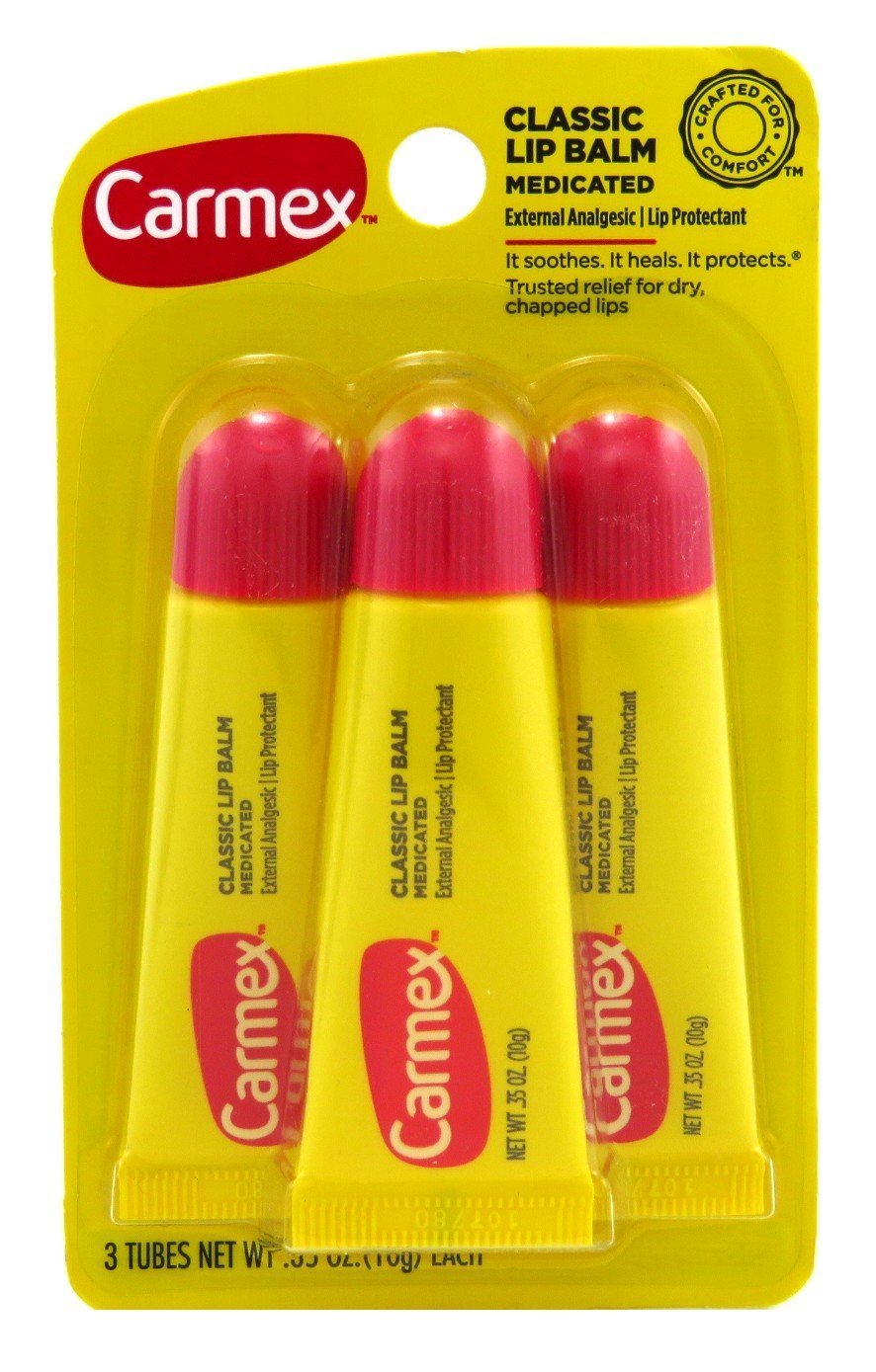 Carmex lip balm tube classic medicated 0.35oz soothes dry lips on the go.