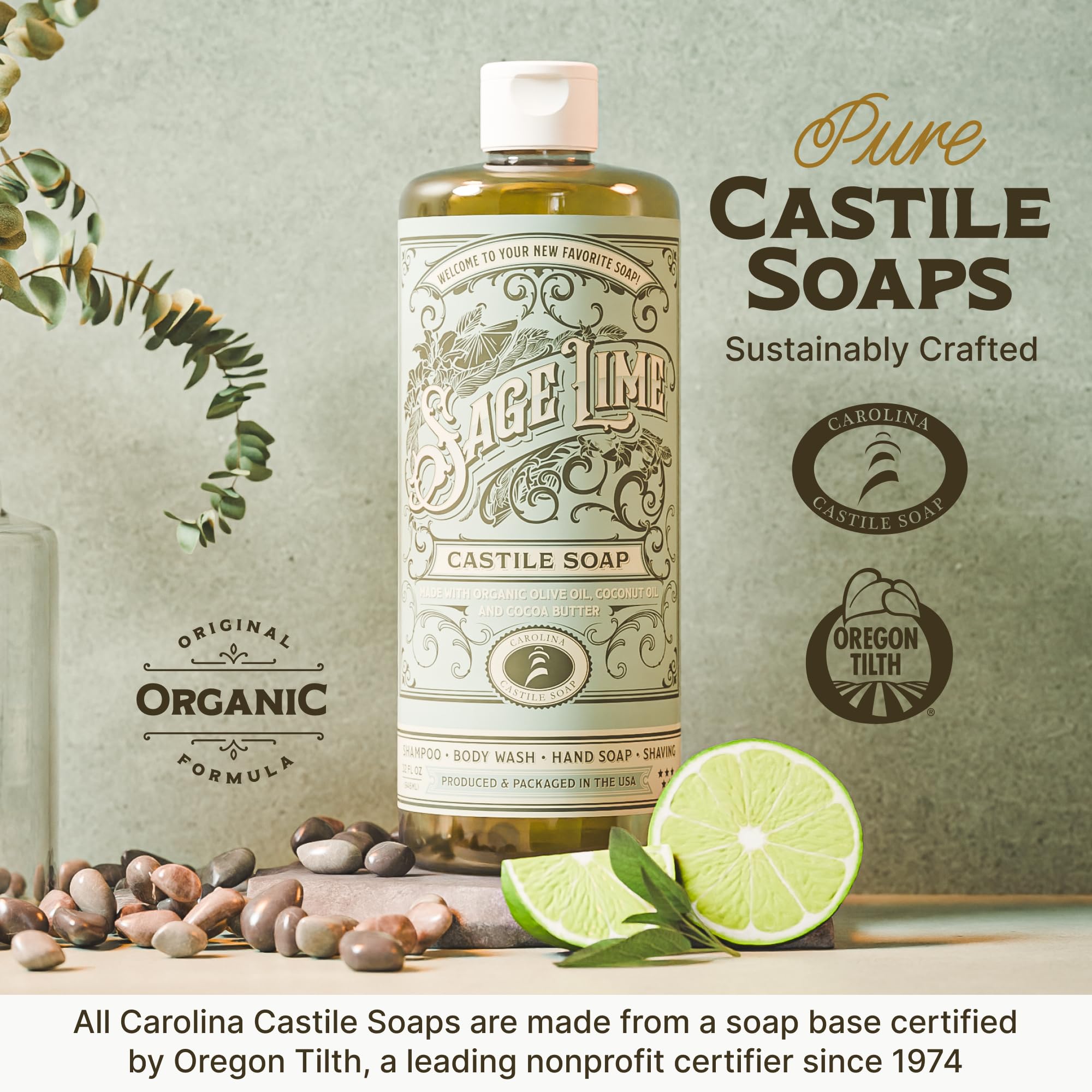 Carolina Castile Salvia Lima usos versátiles: ducha, cabello y manos.