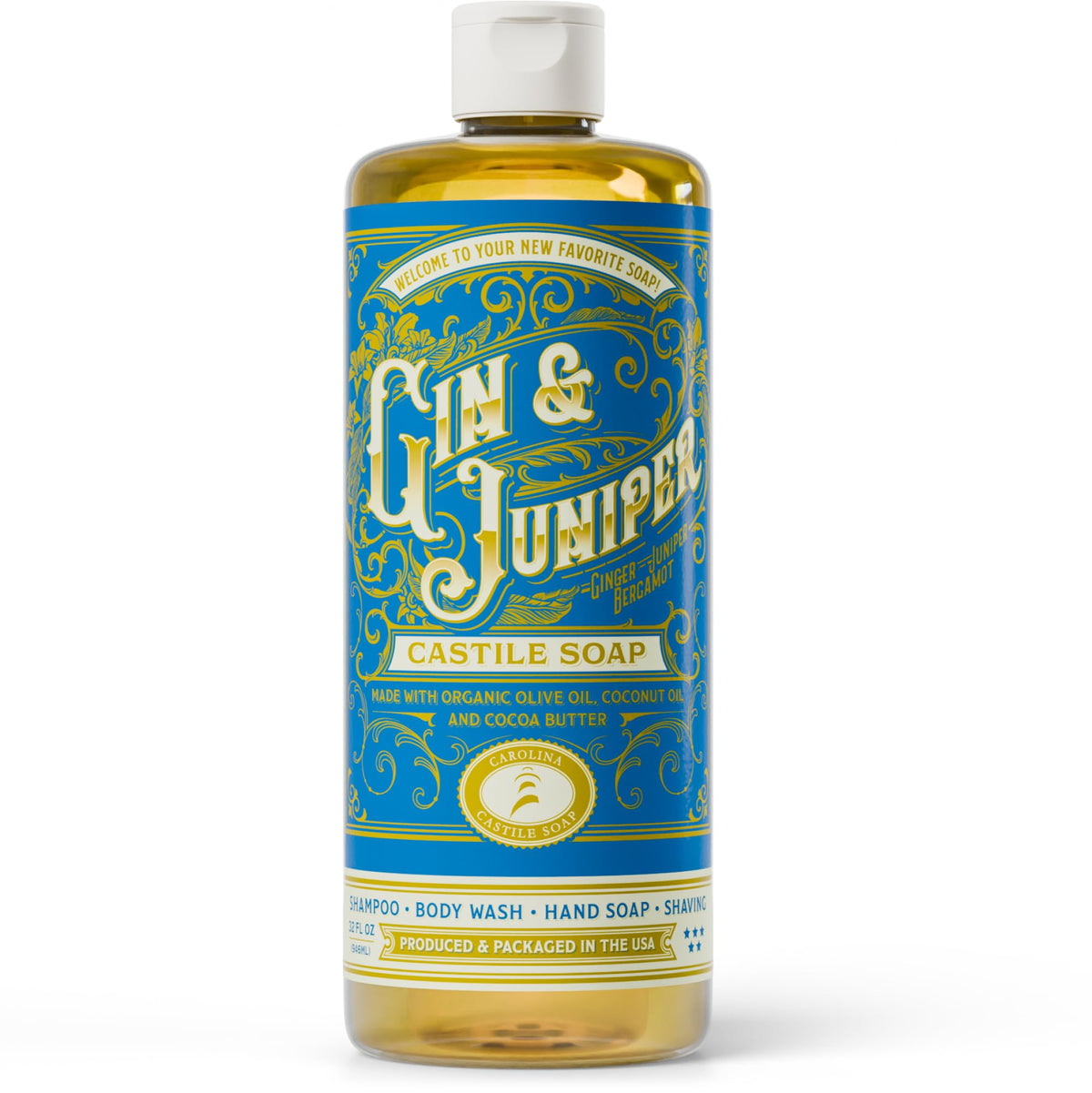 Carolina Castile Soap Gin & Juniper bottle – uplifting aroma for a refreshing shower.