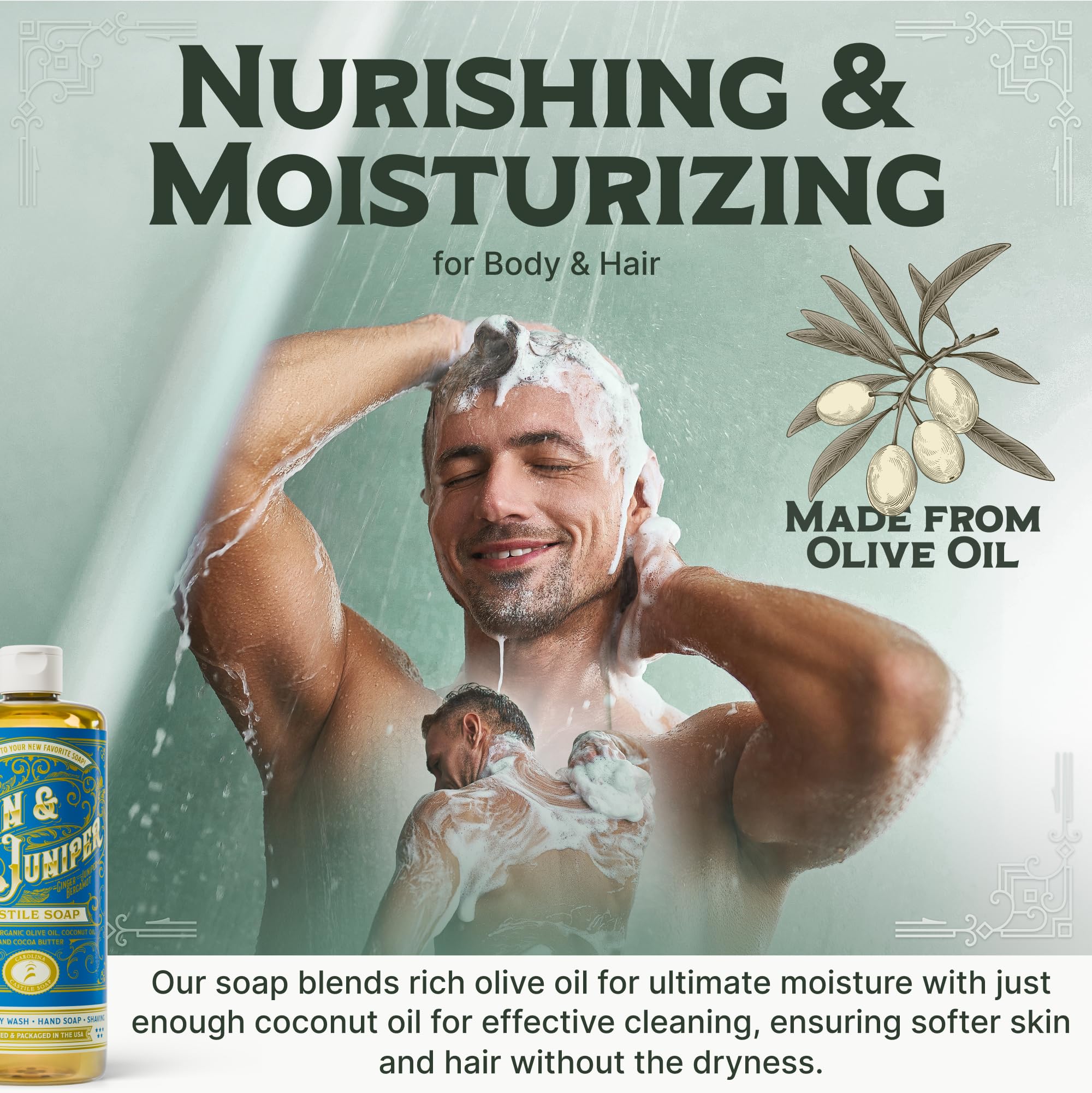 Carolina Castile Soap Gin & Juniper fragrance notes – bergamot and juniper evoke spa-like ritual.