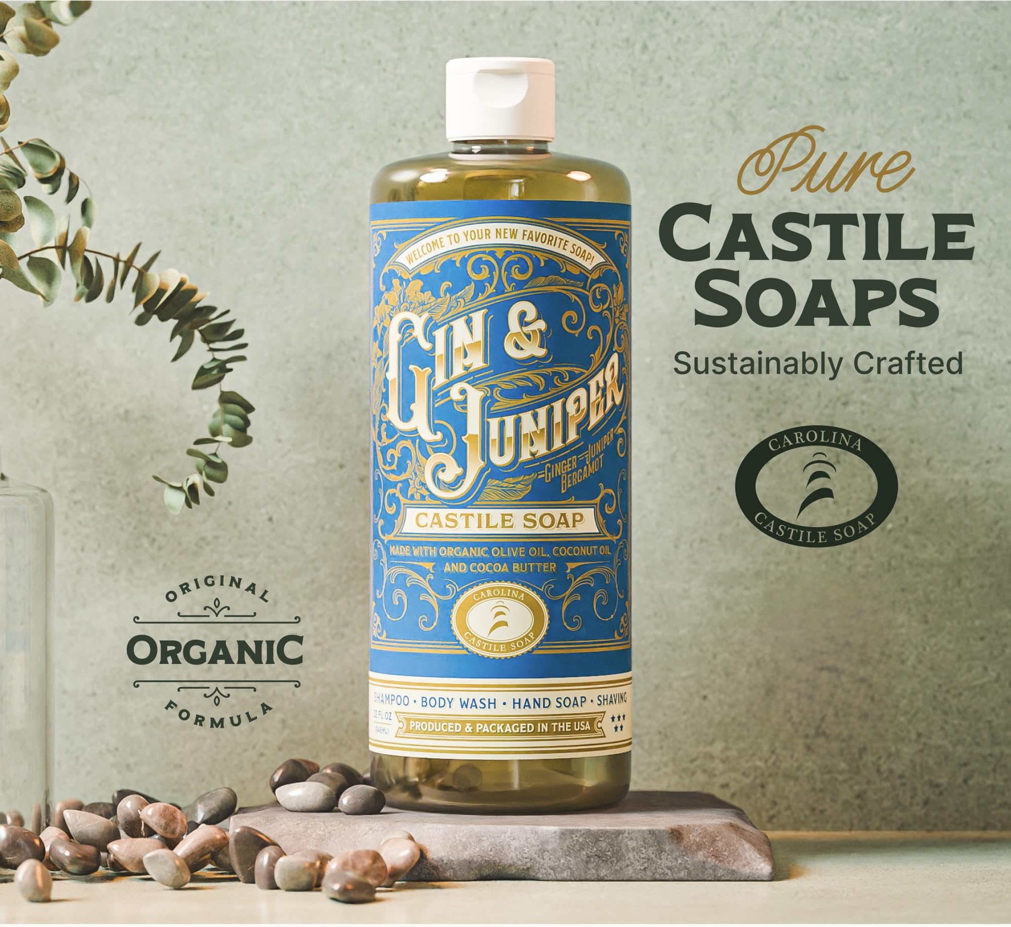 Carolina Castile Soap Gin & Juniper ingredients jar – organic oils nourish skin during cleansing.