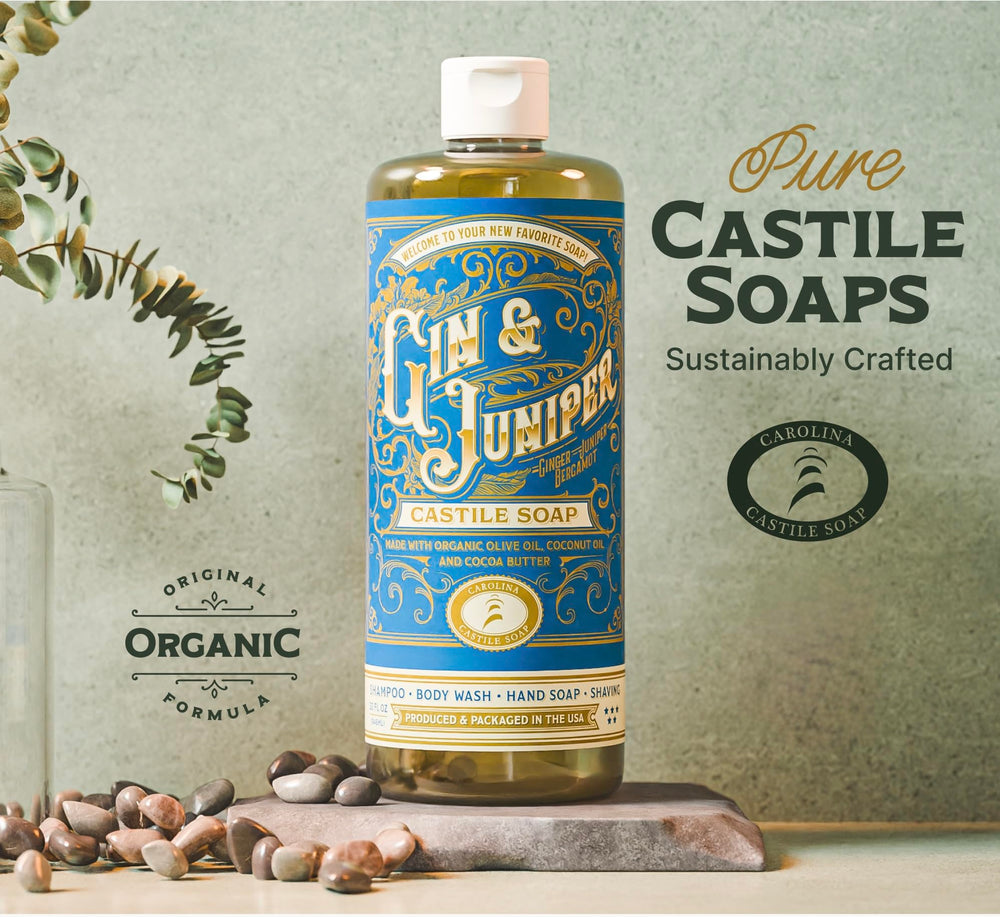 Carolina Castile Soap Gin & Juniper ingredients jar – organic oils nourish skin during cleansing.