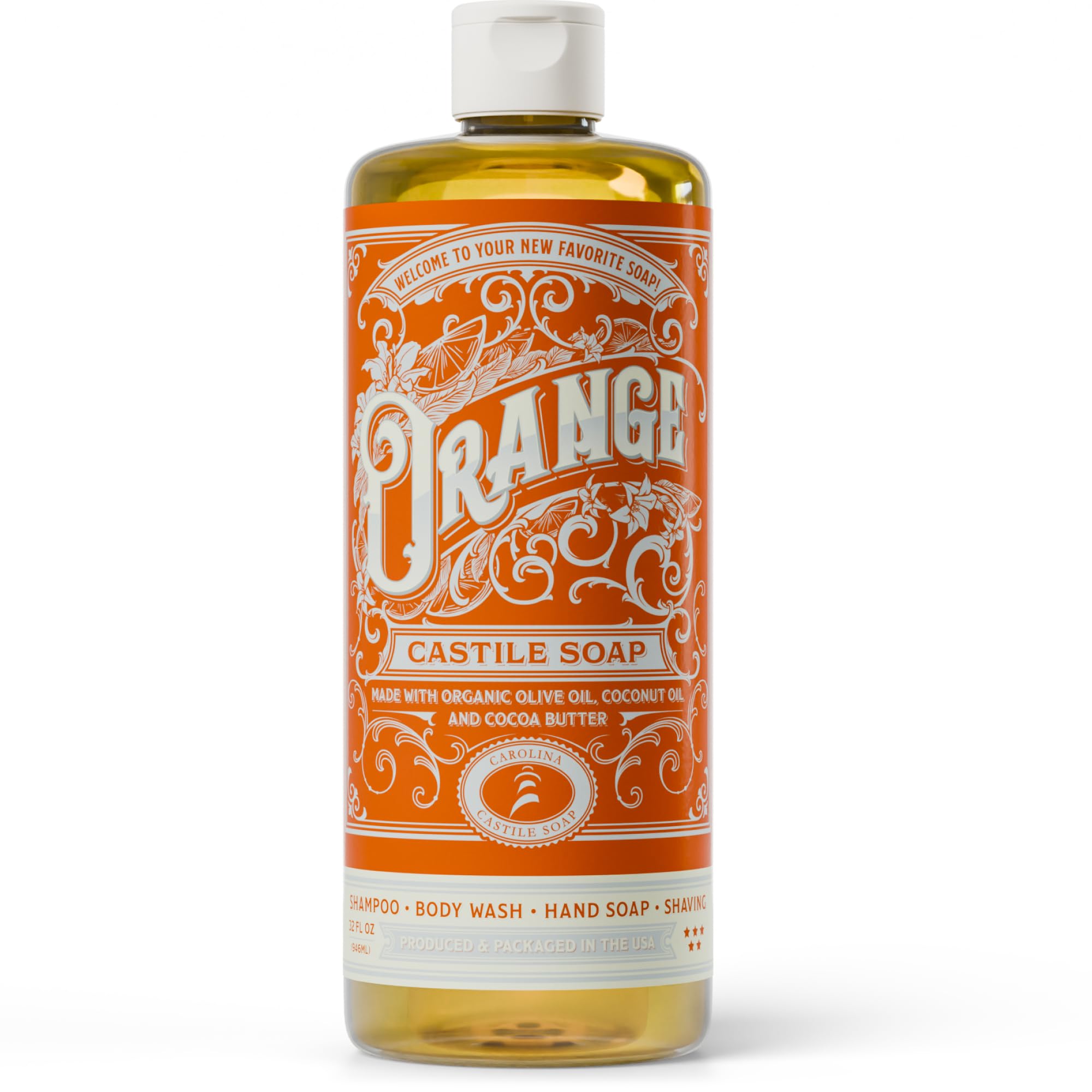 Carolina Castile Soap orange-scent bottle—refreshing citrus aroma for a bright morning shower.