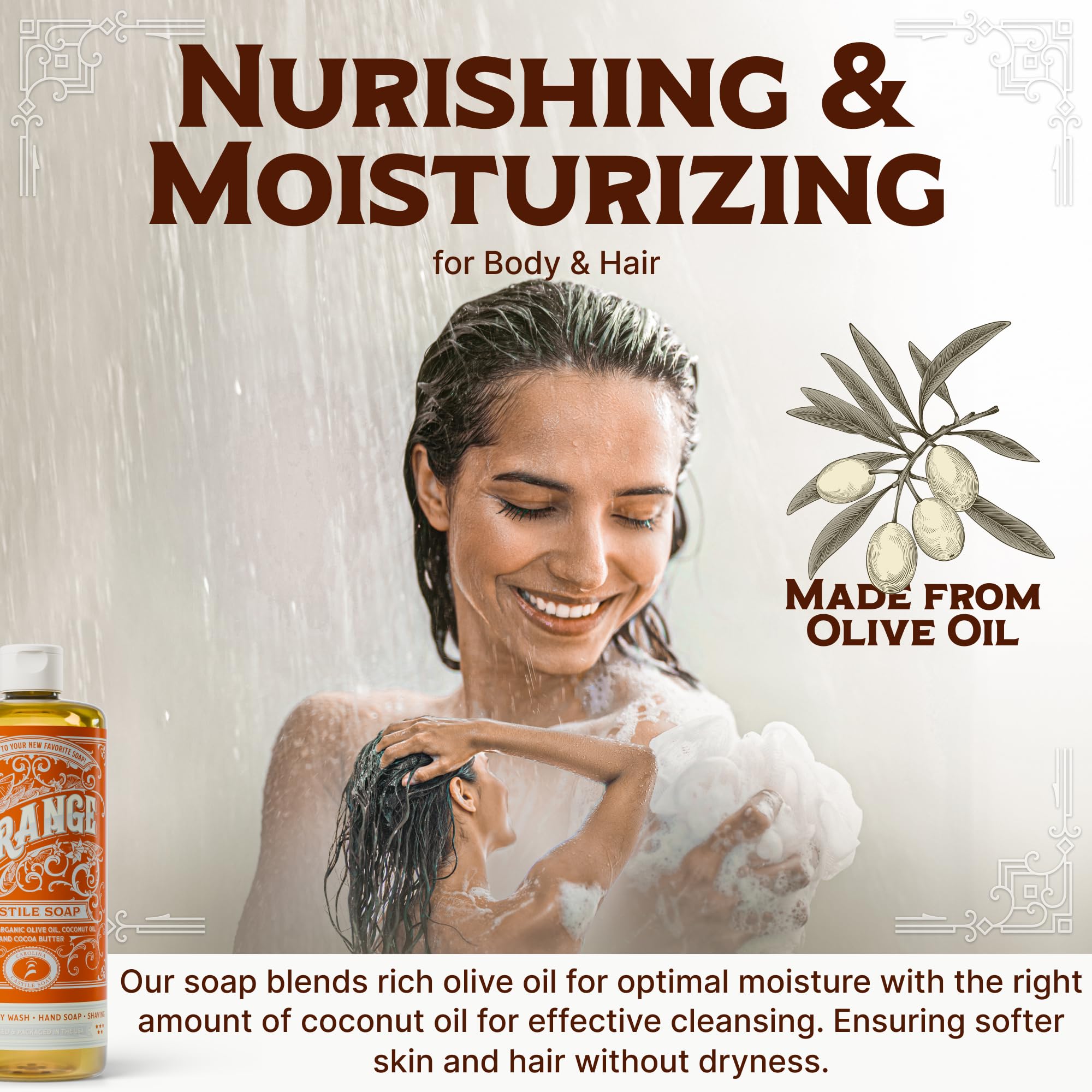 Carolina Castile Soap orange-scent pour—easy to dispense for a gentle daily cleanse.