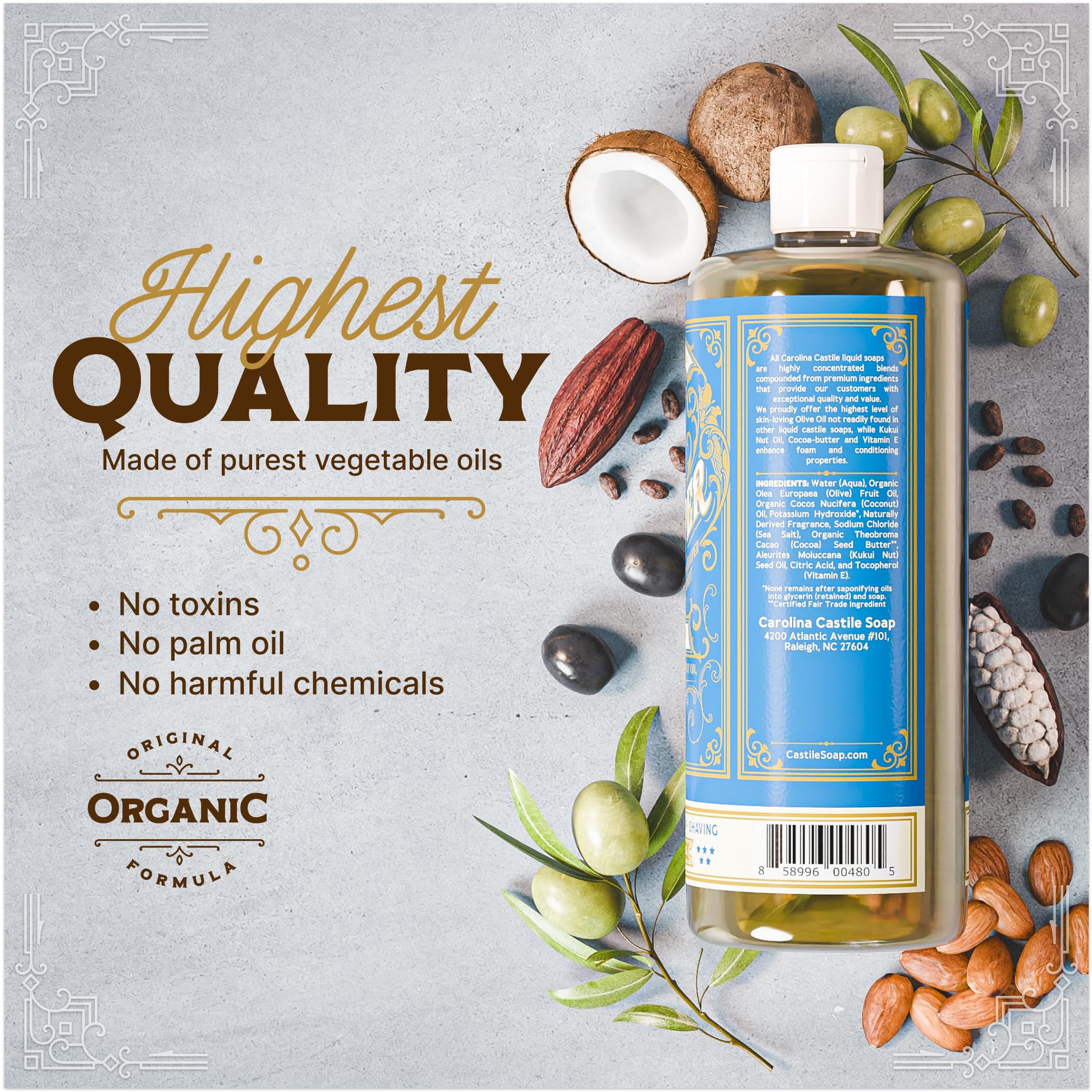 Carolina Castile Soap Organic base label – certified organic, paraben-free, dye-free.